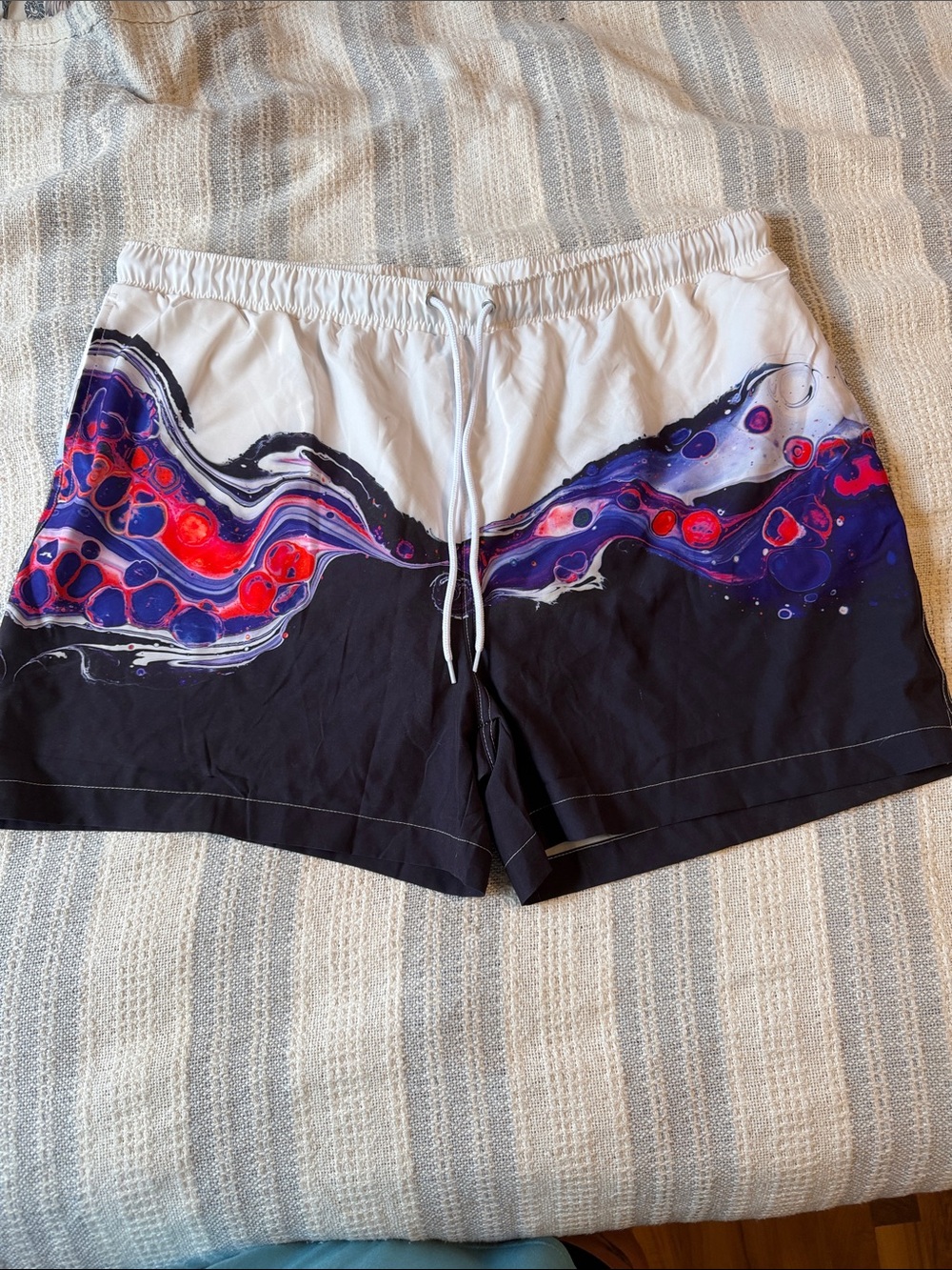 Fashion Nova Men’s Swim Bermudas in White, Black, Purple & Red